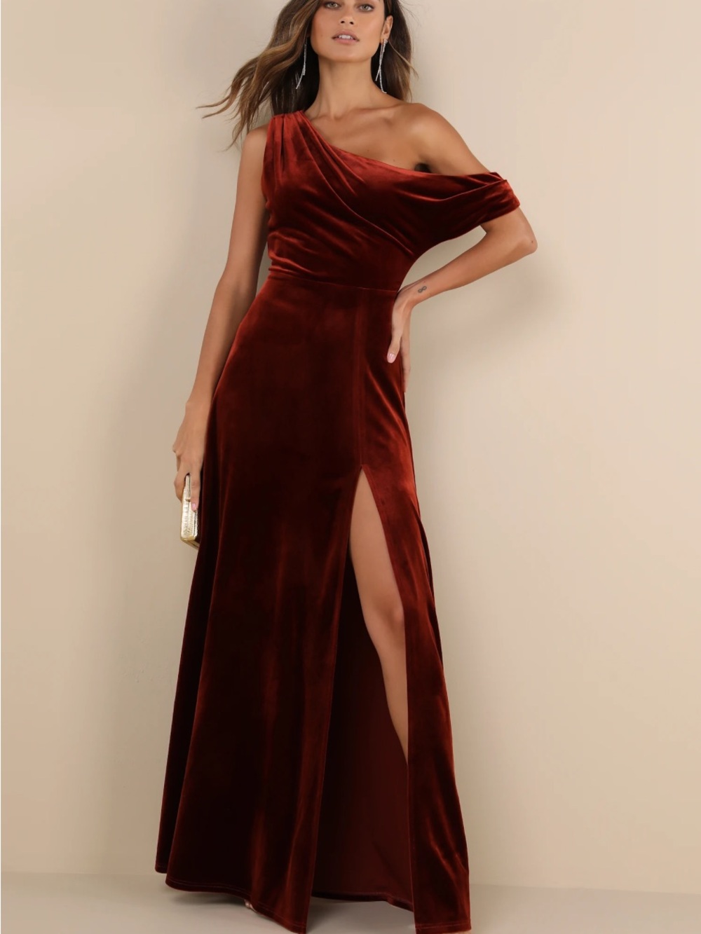 New Lulus Coveted 
Confidence Velvet Evening Gown in Deep Burgundy Sz XS
